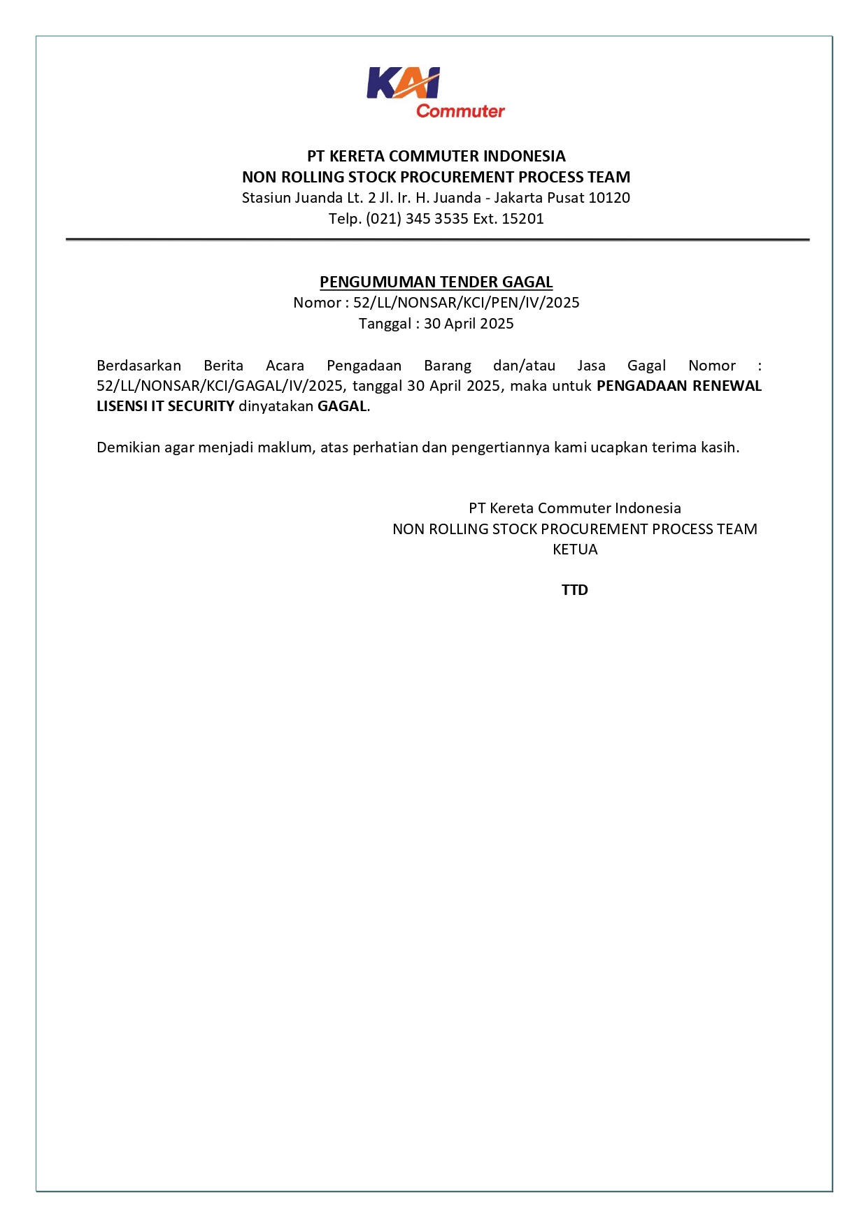 7 pengumuman tender gagal 52 pengadaan renewal lisensi it security page 0001